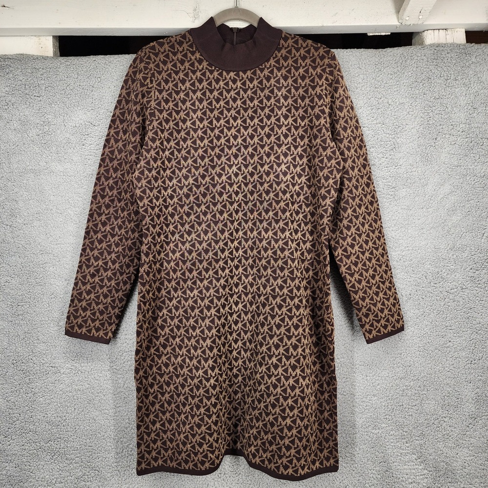 Michael Kors XL Logo Jacquard Sweater Dress Brown Mock Neck Long Sleeve